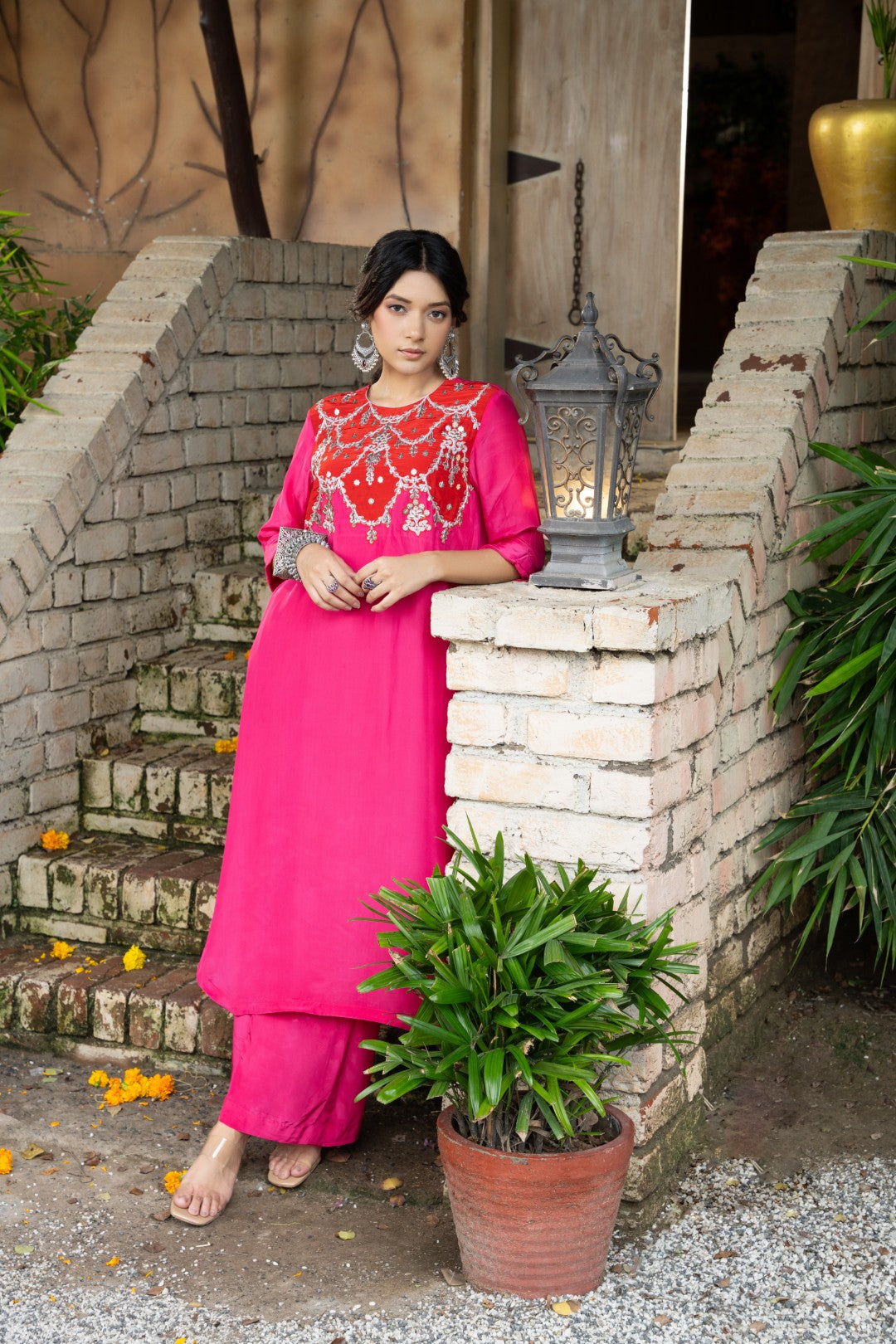 Red Magenta Choli Embroidered Pallazzo Set