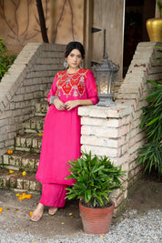 Red Magenta Choli Embroidered Pallazzo Set