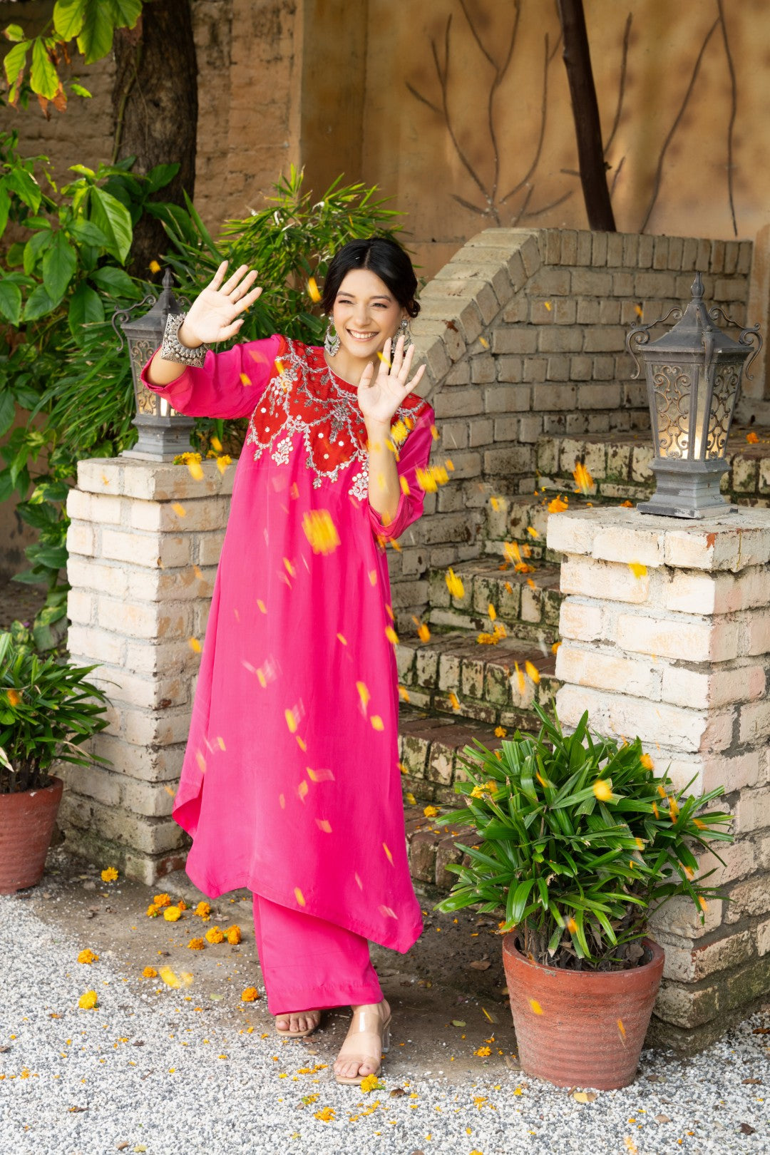 Red Magenta Choli Embroidered Pallazzo Set