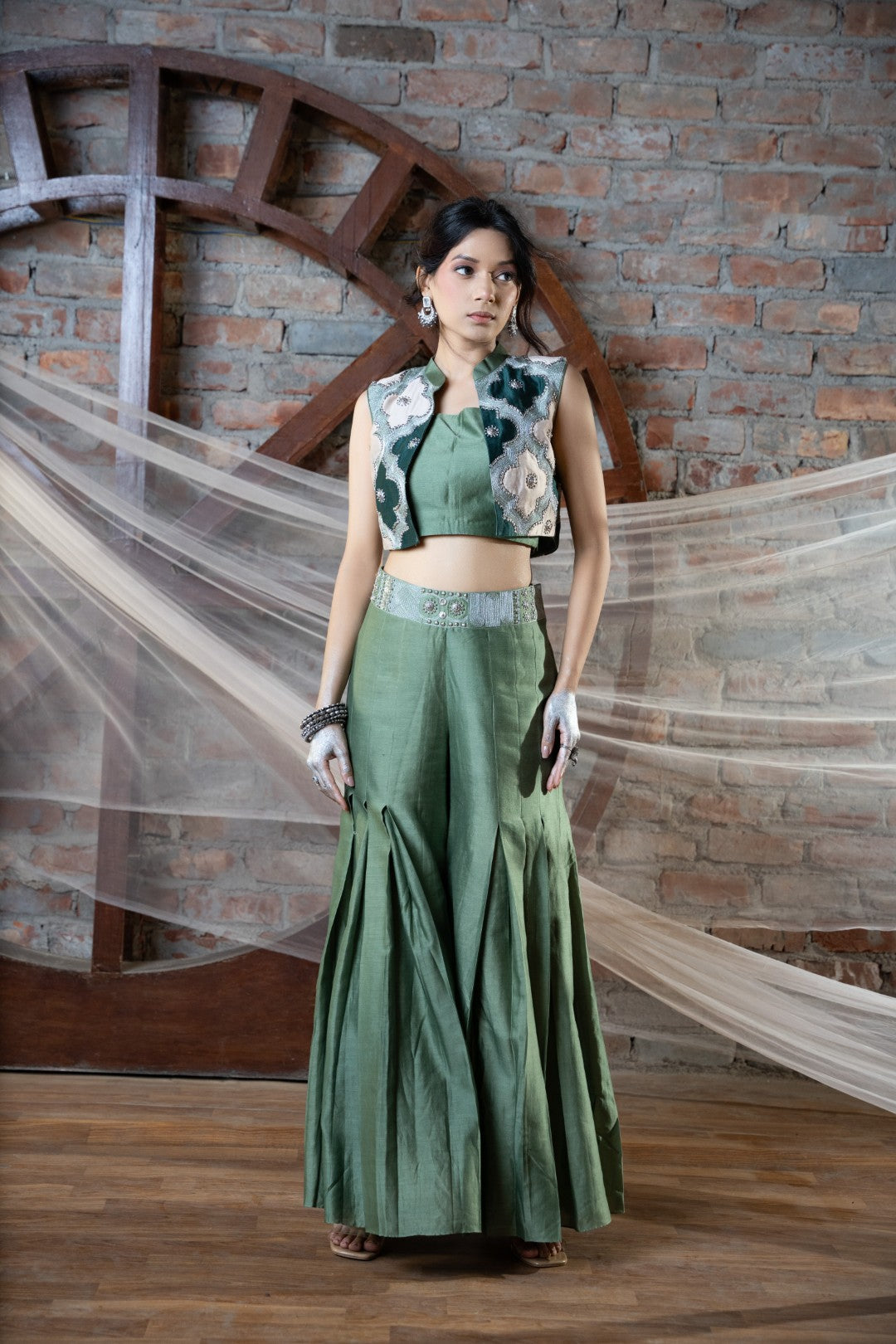 Green Appliqué Short Jacket And Pallazzo Set With Bustier