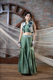 Green Appliqué Short Jacket And Pallazzo Set With Bustier