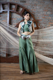 Green Appliqué Short Jacket And Pallazzo Set With Bustier