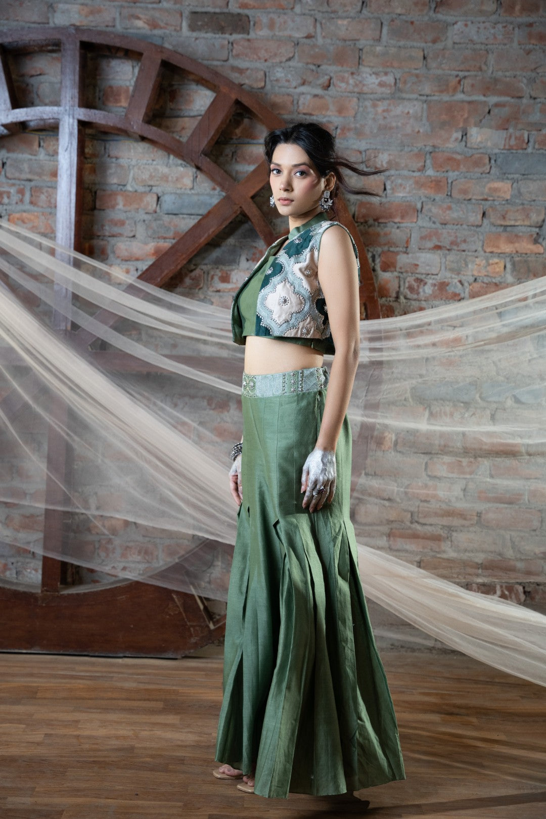 Green Appliqué Short Jacket And Pallazzo Set With Bustier