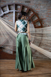 Green Appliqué Short Jacket And Pallazzo Set With Bustier