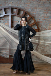 Black Coin Cutwork Sharara Set