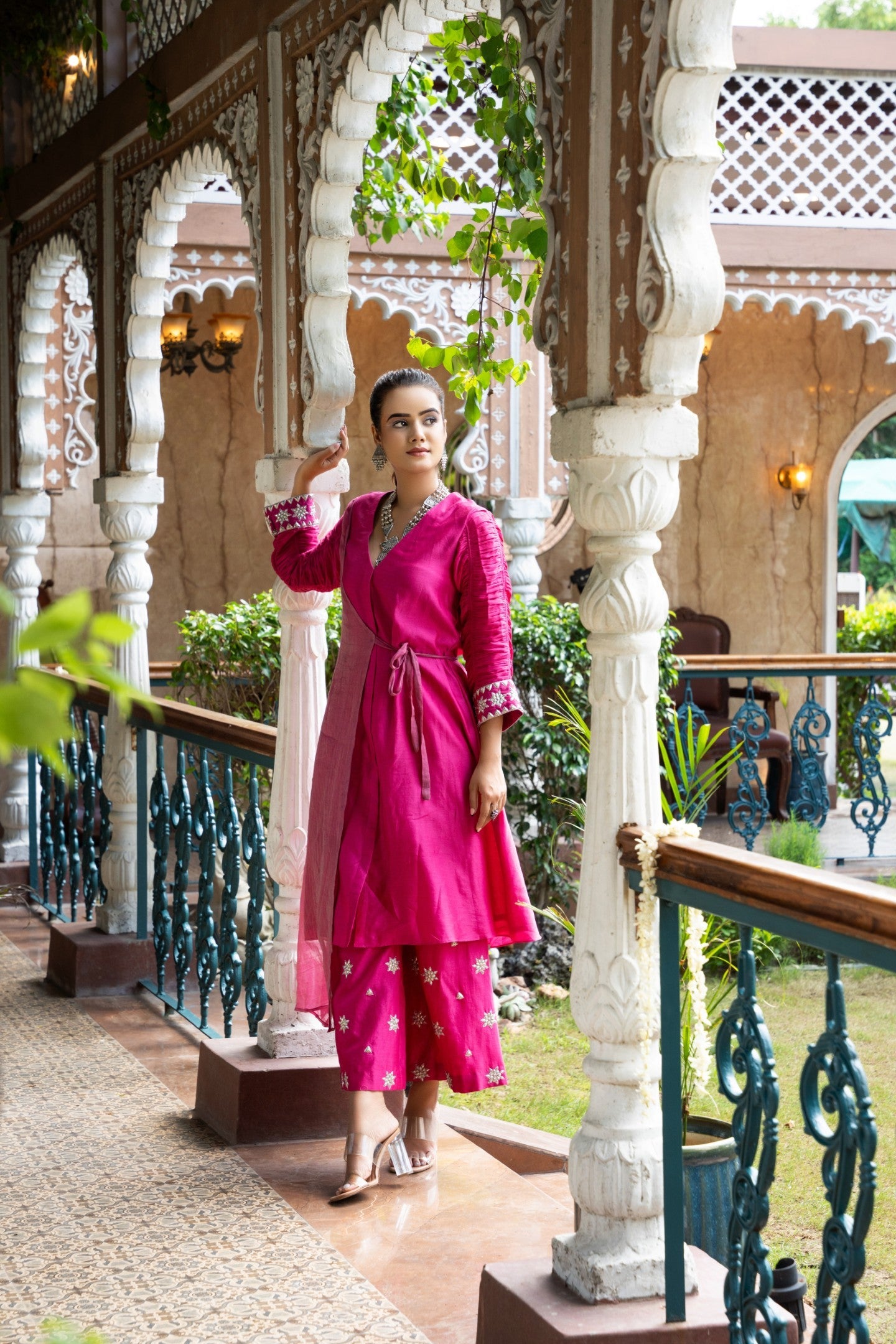 Magenta Angrakha Palazzo Set With Gathered Sleeves