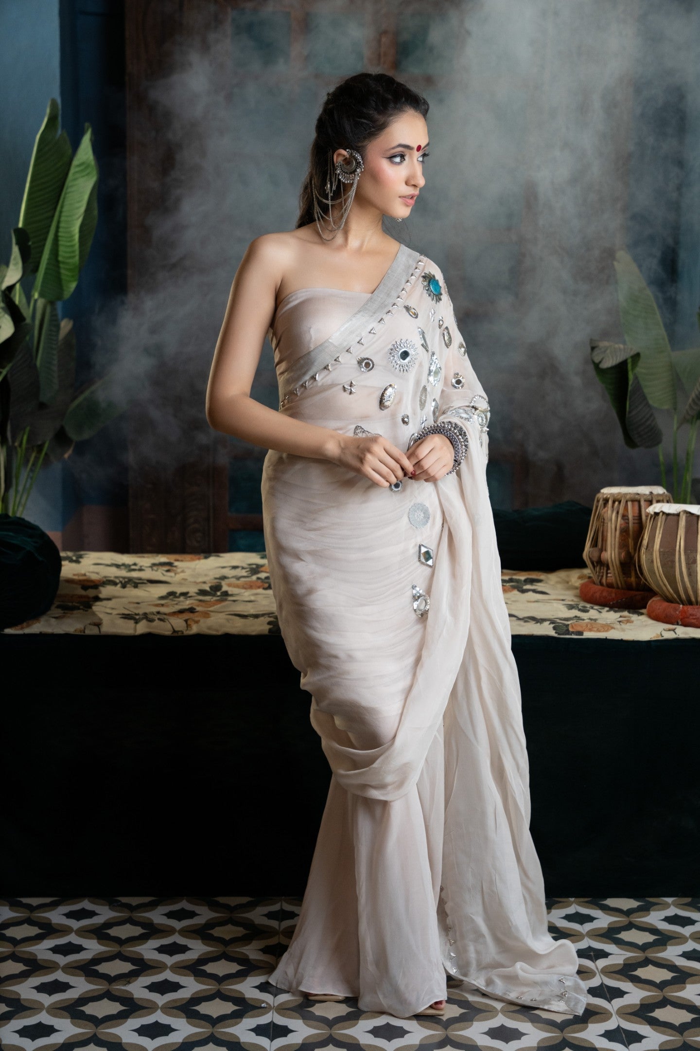 Beige Metal Chunks Saree
