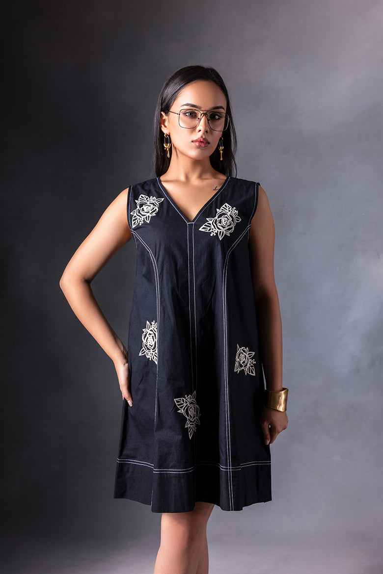 Black Floral Patch Work Dress
