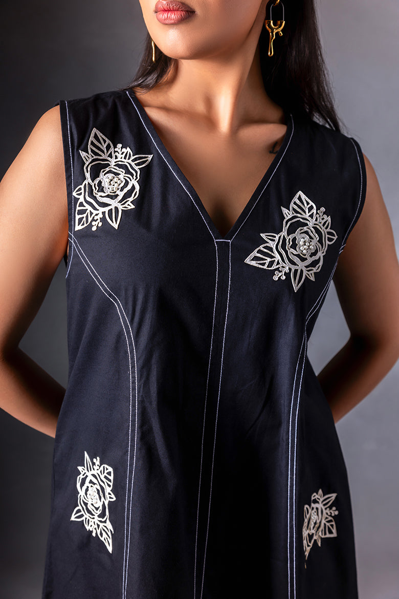 Black Floral Patch Work Dress