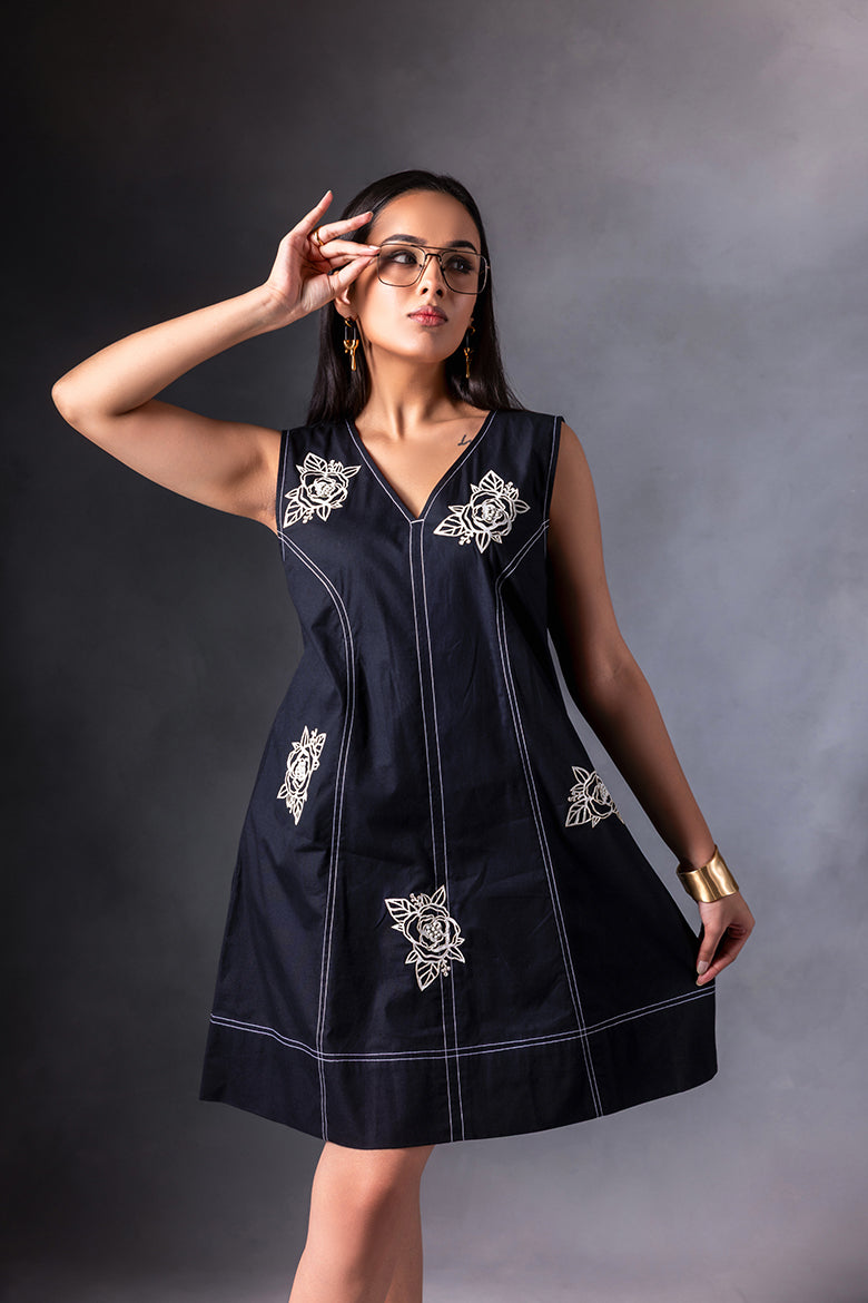 Black Floral Patch Work Dress