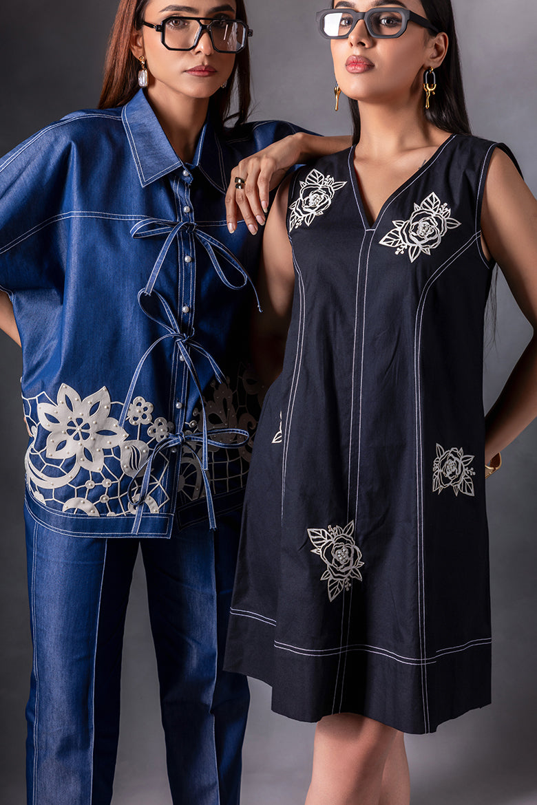 Denim Pearl Embellished Kaftan Co-ord Set