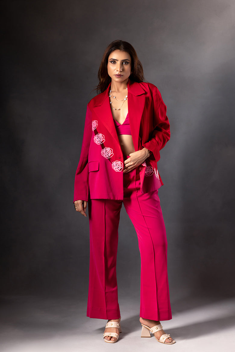 Fusia Red Rose Blazer Set