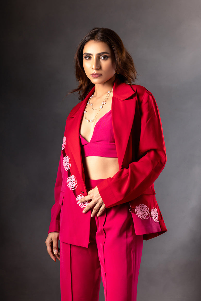 Fusia Red Rose Blazer Set