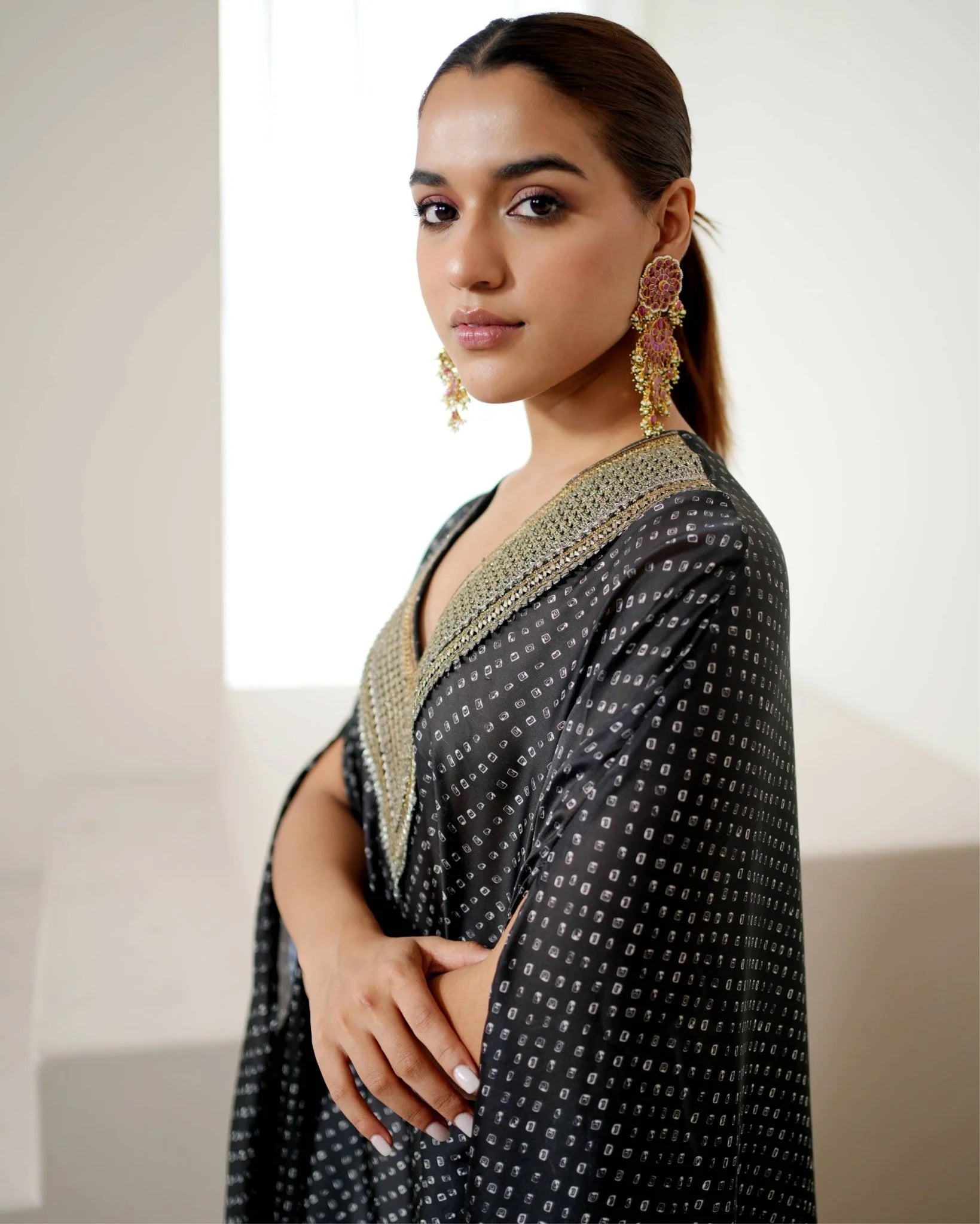 Bandhej Black & Silver V Neck Kurta Set