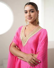 Bandhej Fuchsia Pink & Gold V Neck Kurta Set