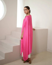 Bandhej Fuchsia Pink & Gold V Neck Kurta Set