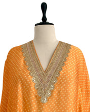 Bandhej Mango Orange & Gold V Neck Kurta Set