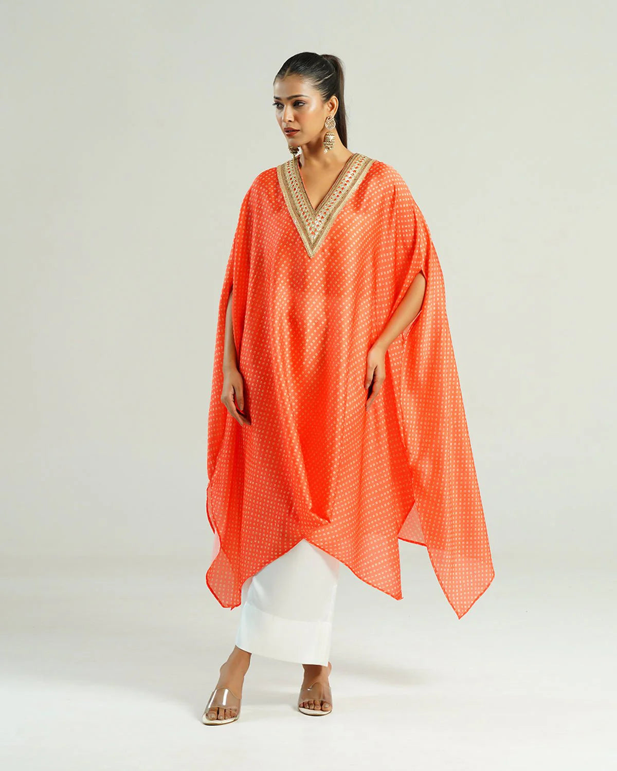 Bandhej Orange & Gold V Neck Kurta Set
