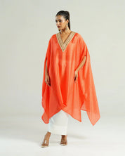 Bandhej Orange & Gold V Neck Kurta Set
