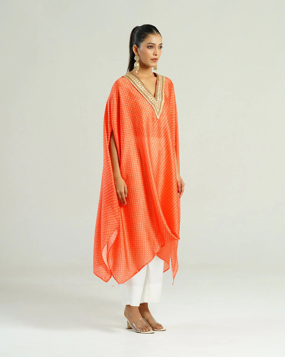 Bandhej Orange & Gold V Neck Kurta Set