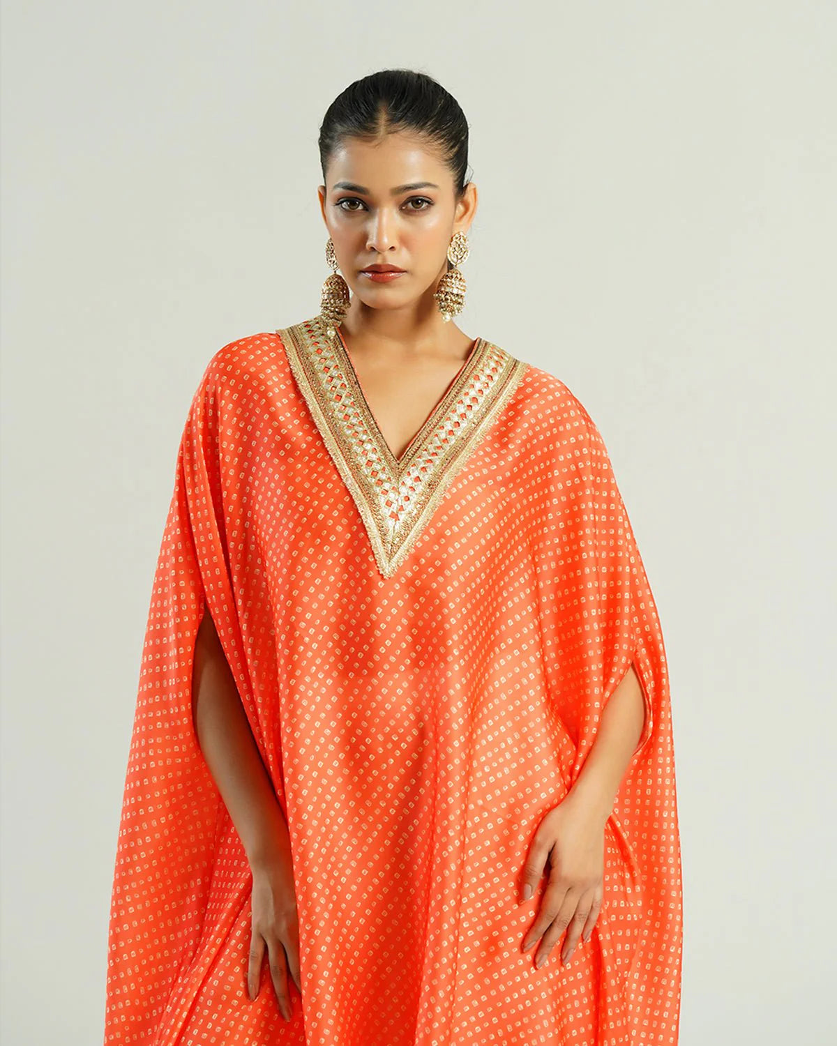 Bandhej Orange & Gold V Neck Kurta Set