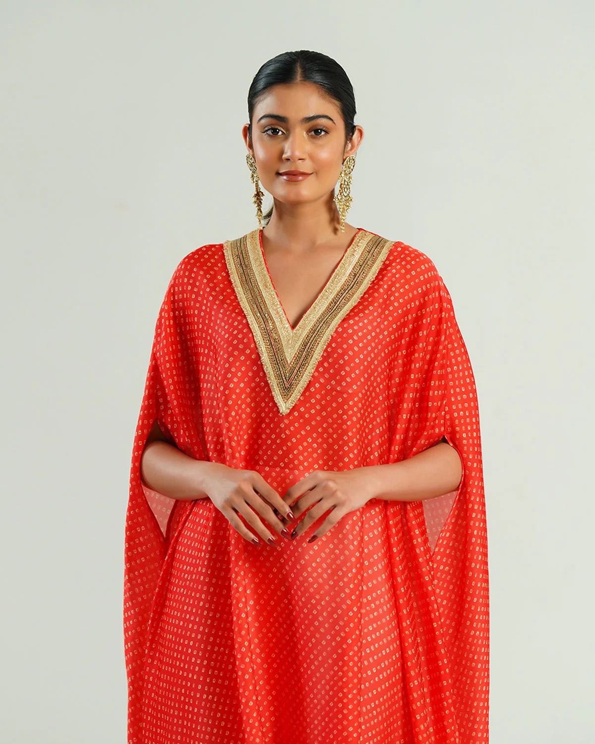 Bandhej Red & Gold V Neck Kurta Set