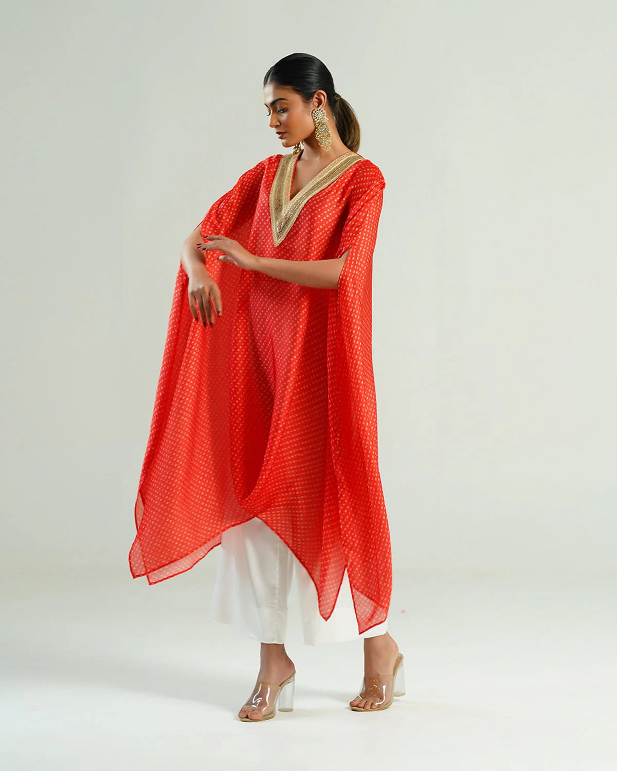 Bandhej Red & Gold V Neck Kurta Set