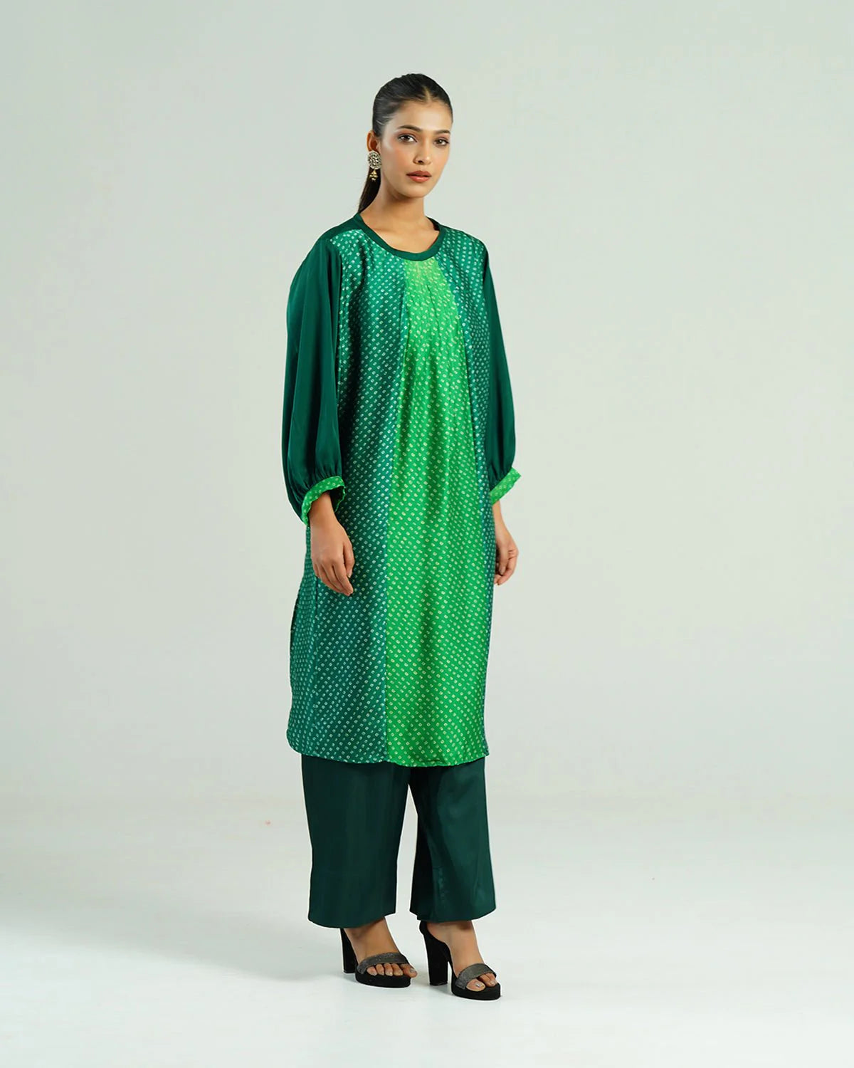 Bandhej Parrot & Dark Green  Kurta Set