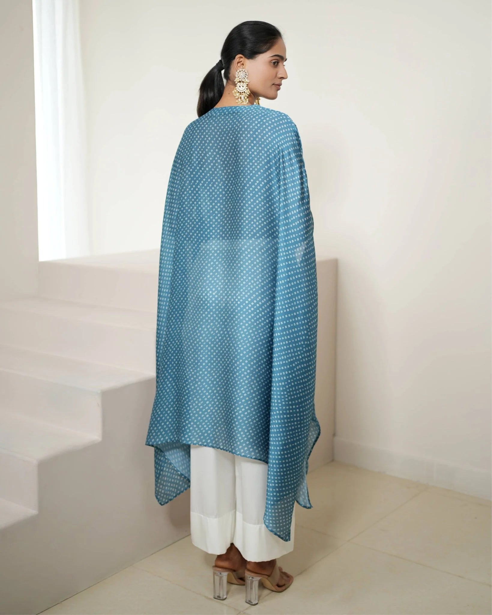 Bandhej Teal Blue & Gold Kurta Set