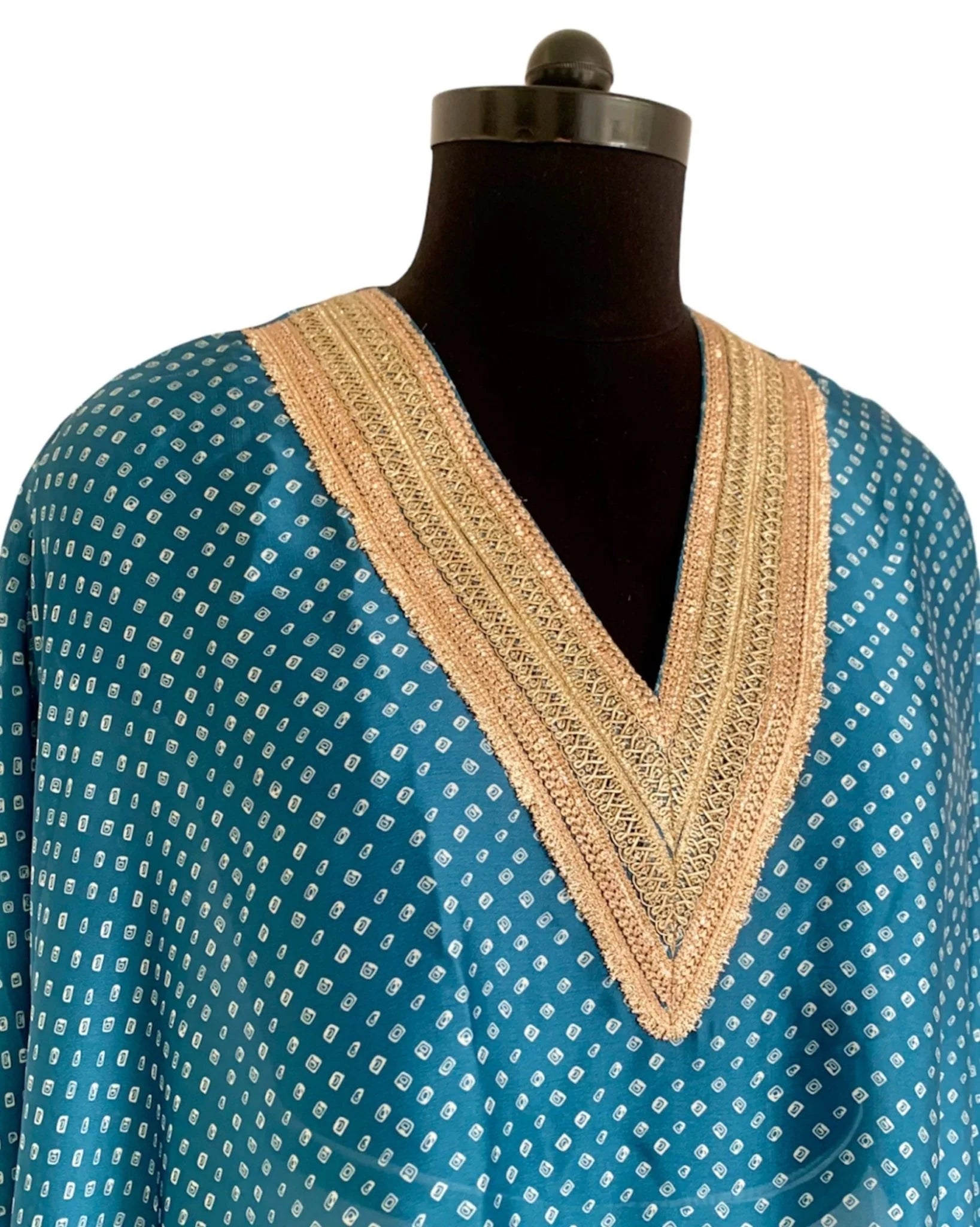 Bandhej Teal Blue & Gold V Neck Kurta Set