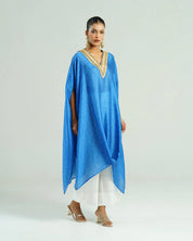 Bandhej Turquoise Blue & Gold V Neck Kurta Set