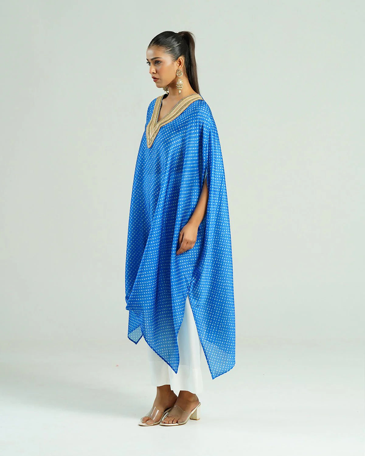 Bandhej Turquoise Blue & Gold V Neck Kurta Set
