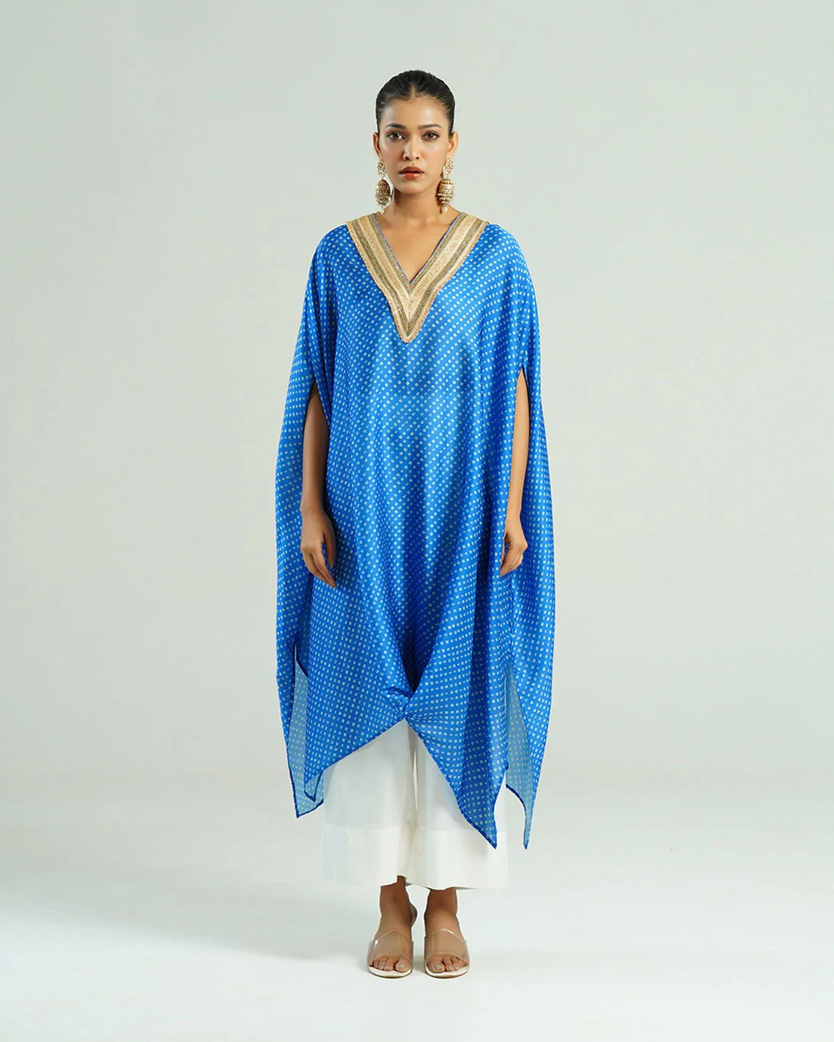 Bandhej Turquoise Blue & Gold V Neck Kurta Set