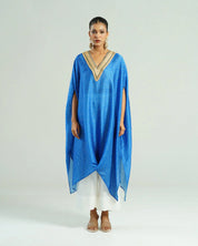 Bandhej Turquoise Blue & Gold V Neck Kurta Set