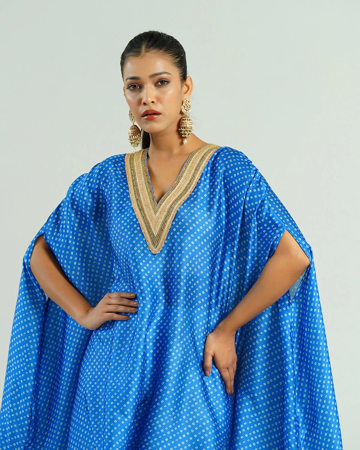 Bandhej Turquoise Blue & Gold V Neck Kurta Set