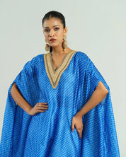 Bandhej Turquoise Blue & Gold V Neck Kurta Set