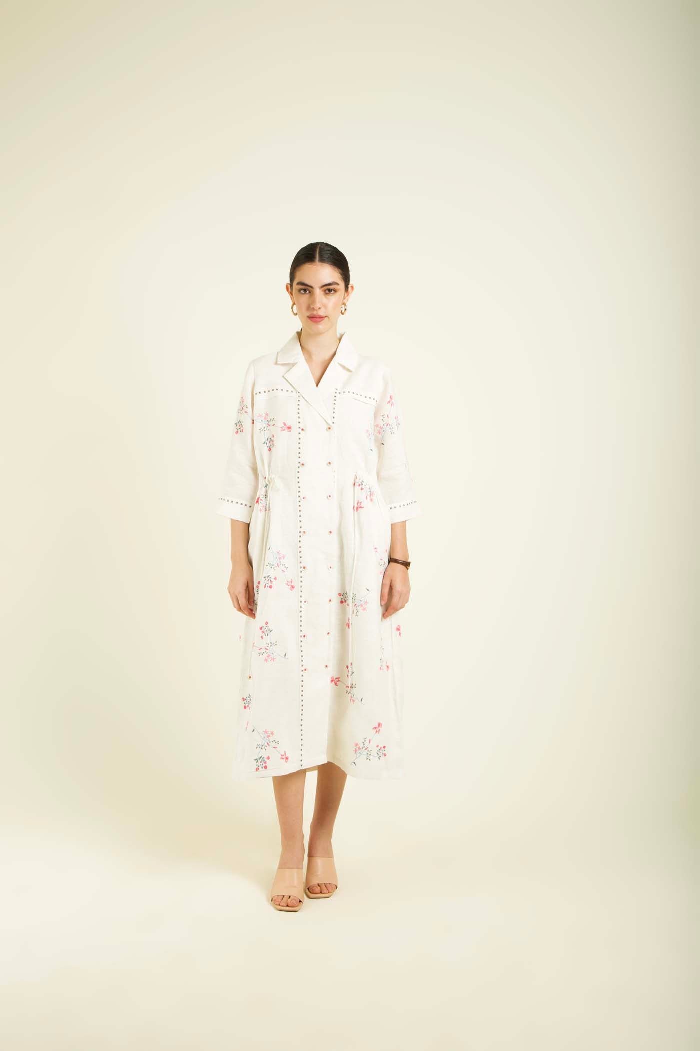 Ivory Printed Side Gathered Shirt Dress