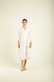 Ivory Printed Side Gathered Shirt Dress
