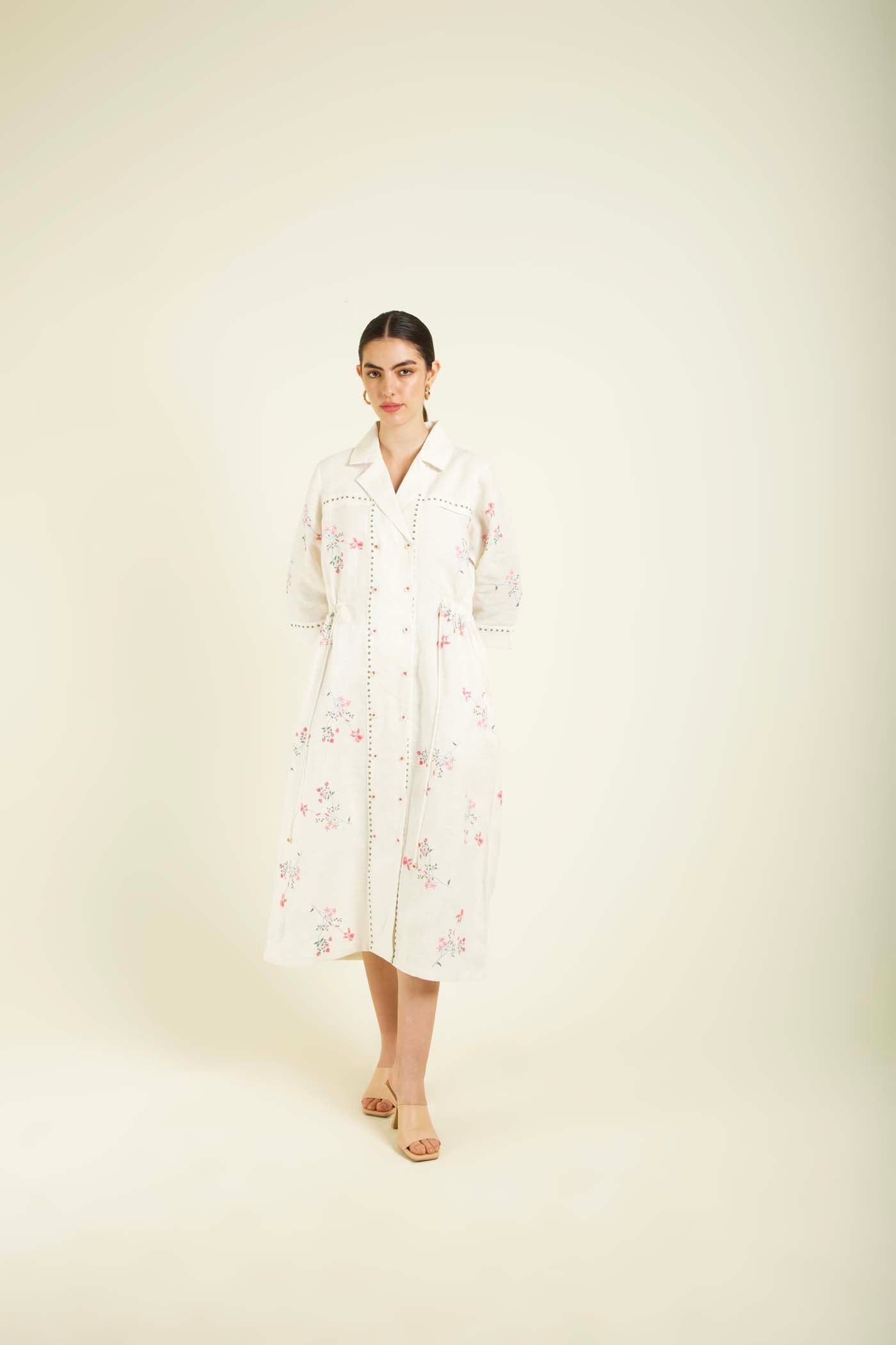 Ivory Printed Side Gathered Shirt Dress