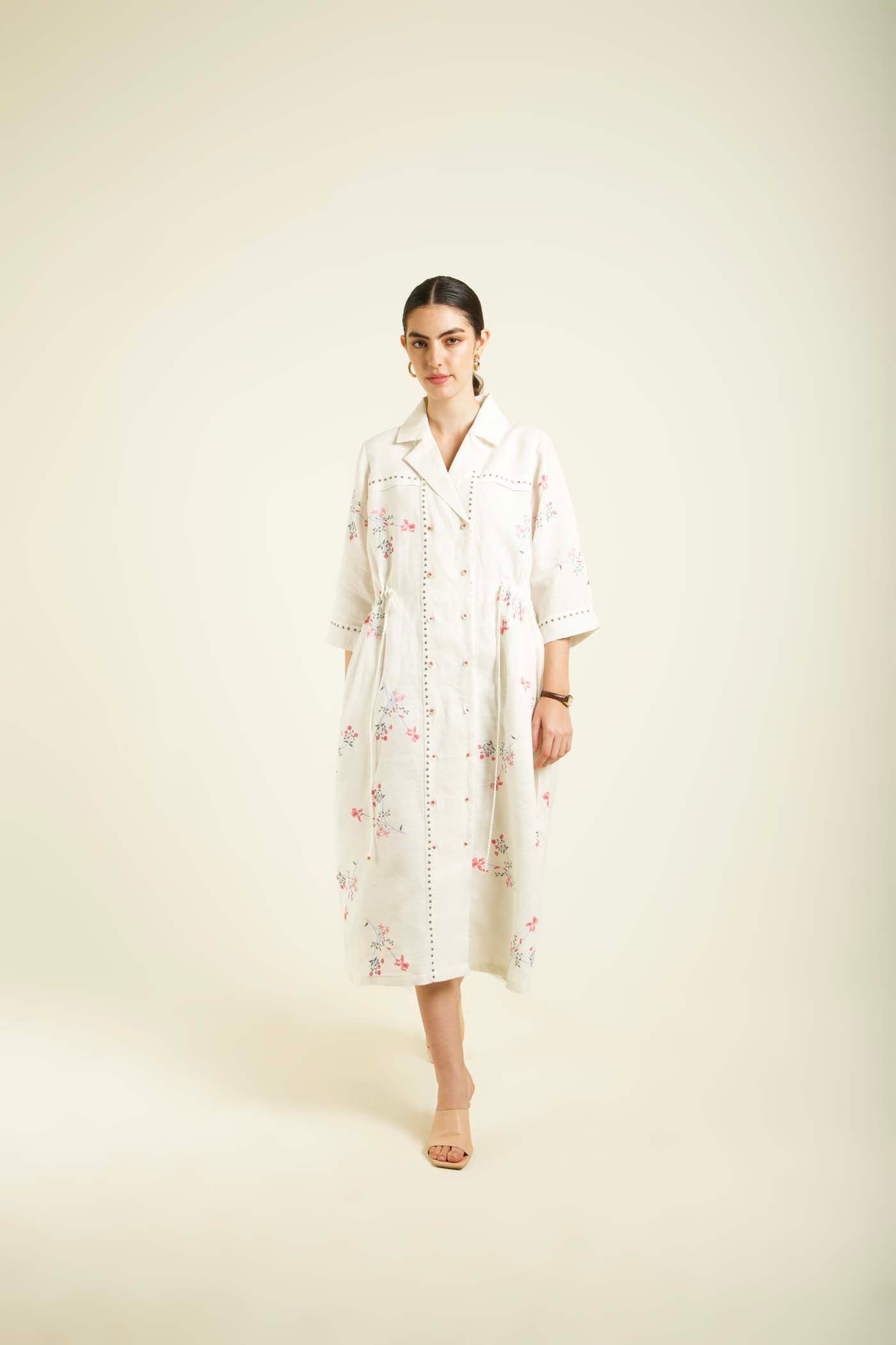 Ivory Printed Side Gathered Shirt Dress