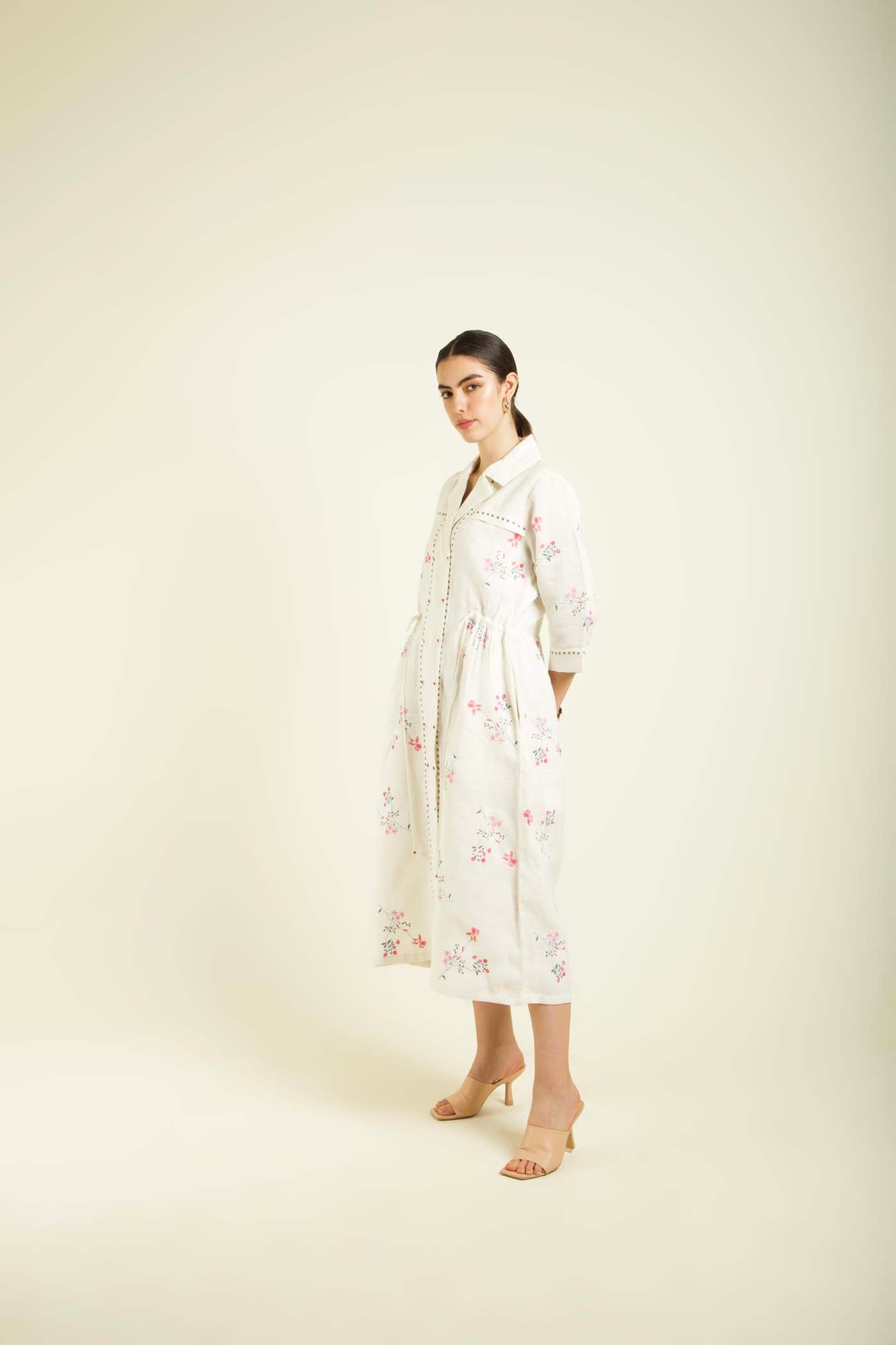 Ivory Printed Side Gathered Shirt Dress