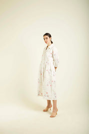 Ivory Printed Side Gathered Shirt Dress