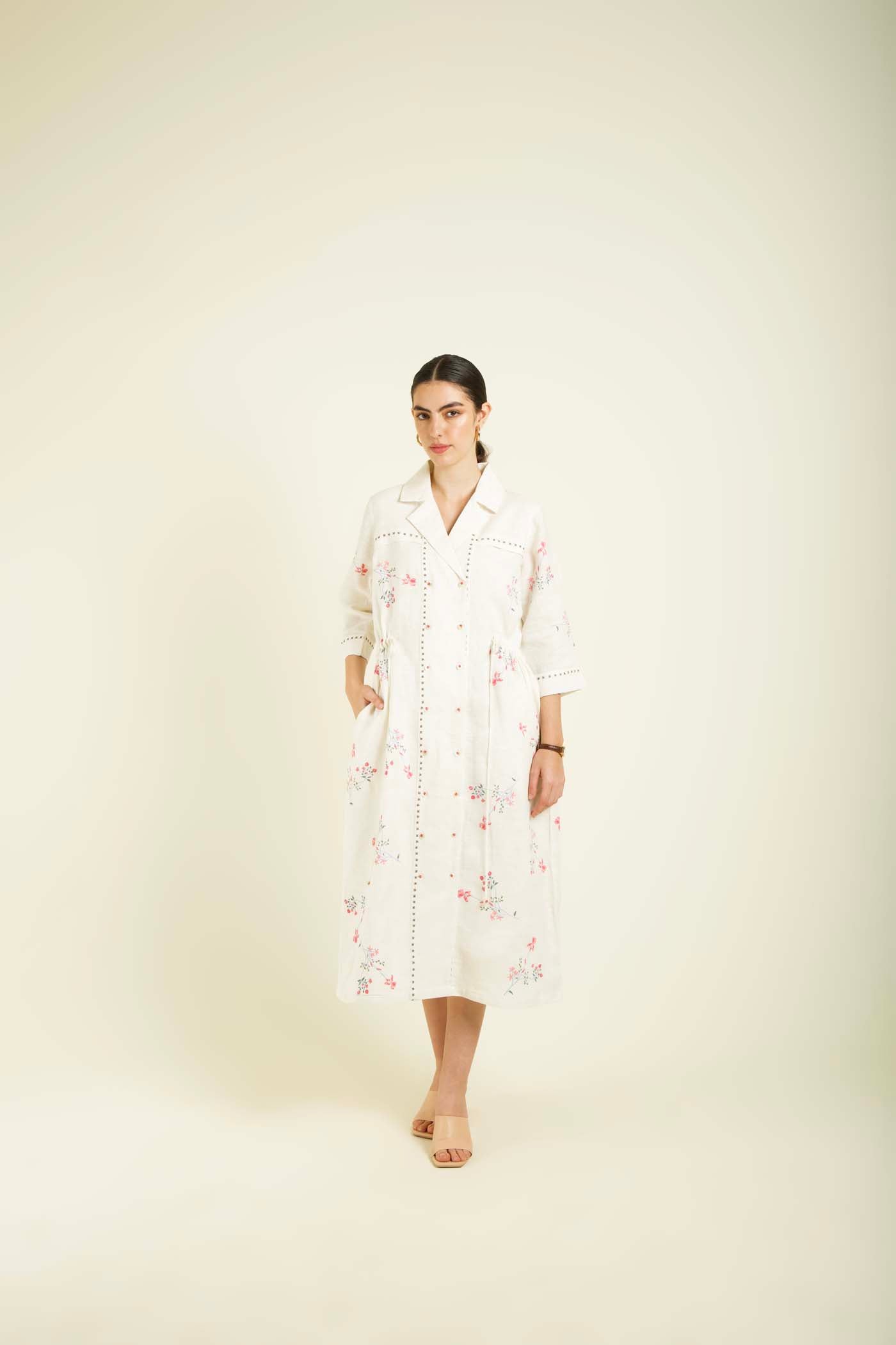 Ivory Printed Side Gathered Shirt Dress