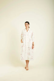 Ivory Printed Side Gathered Shirt Dress