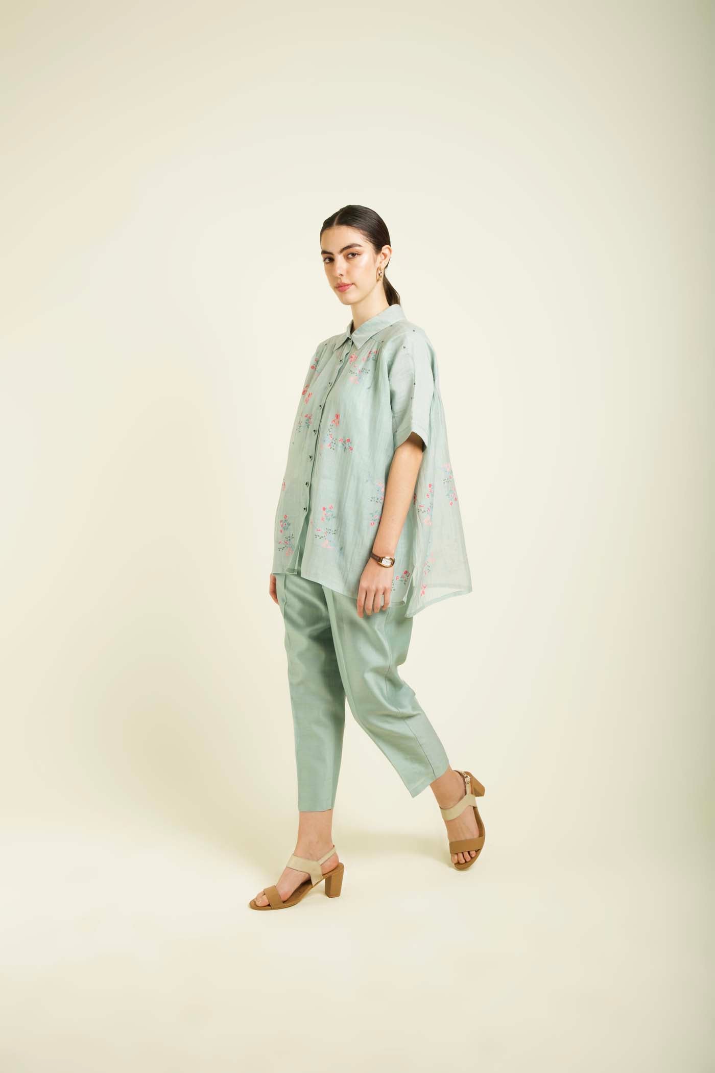 Mint Kaftan Shirt With Embroidery Details And Straight Pants