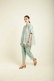 Mint Kaftan Shirt With Embroidery Details And Straight Pants