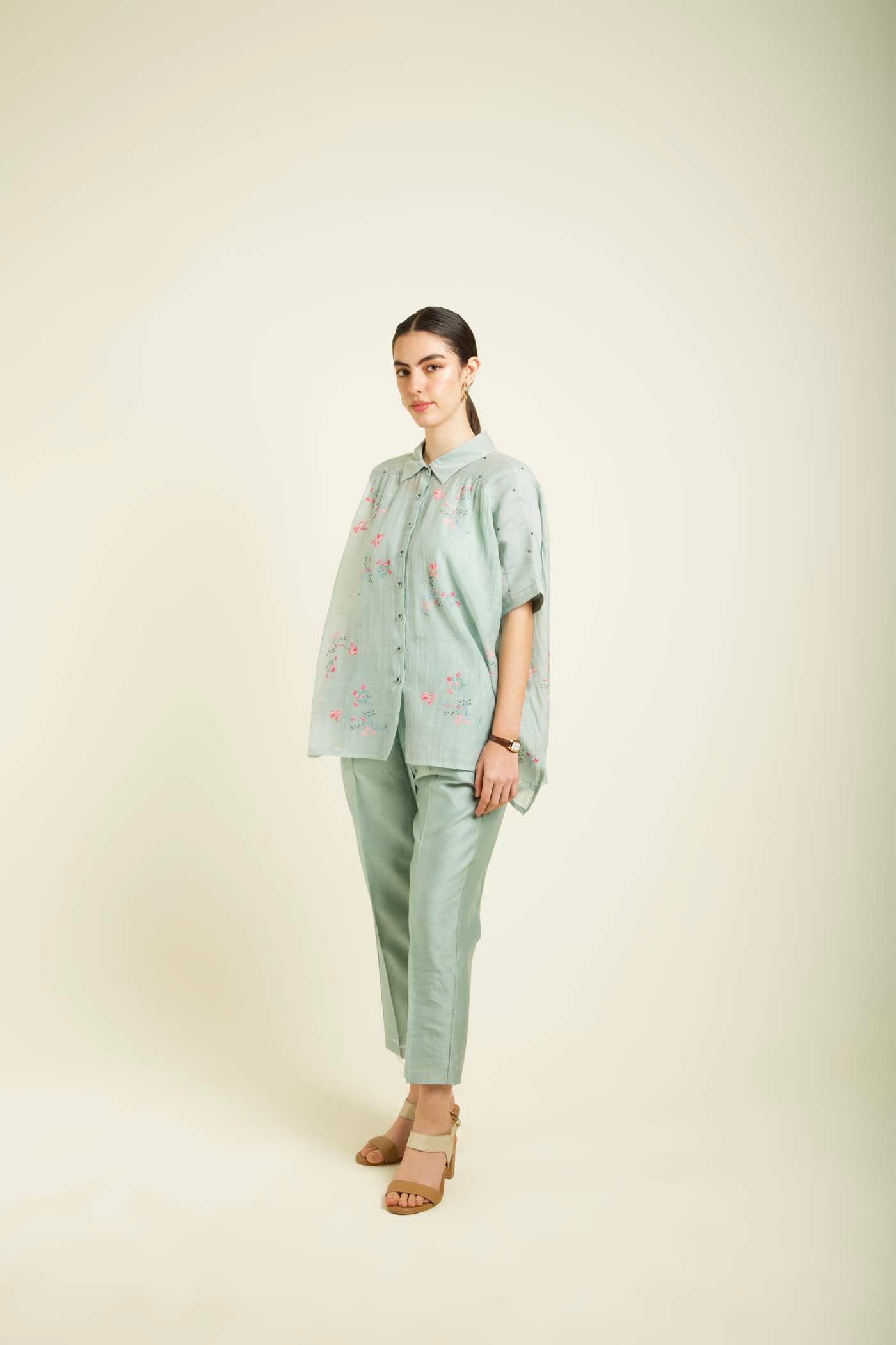 Mint Kaftan Shirt With Embroidery Details And Straight Pants