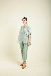 Mint Kaftan Shirt With Embroidery Details And Straight Pants