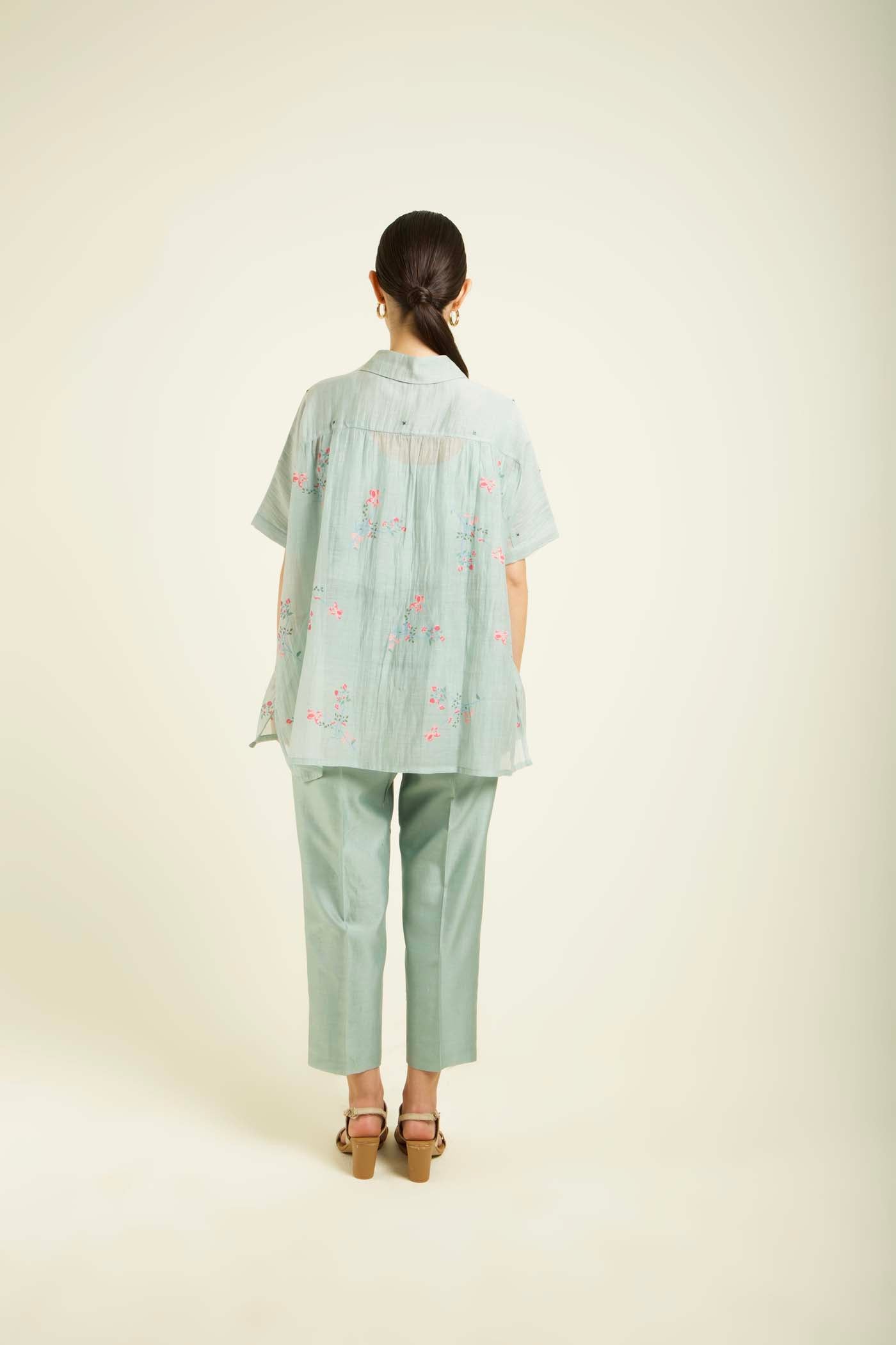 Mint Kaftan Shirt With Embroidery Details And Straight Pants