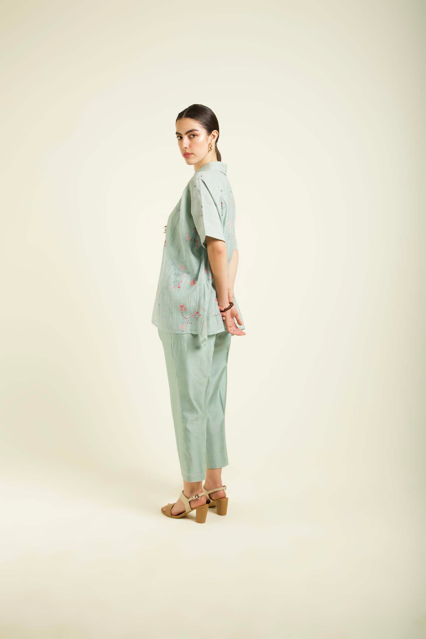 Mint Kaftan Shirt With Embroidery Details And Straight Pants